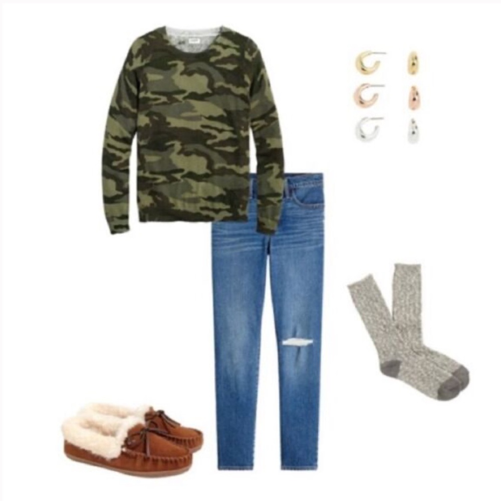 J. Crew Olive & Forest Green Camo Cotton Crewneck Sweater - Picture 4 of 9